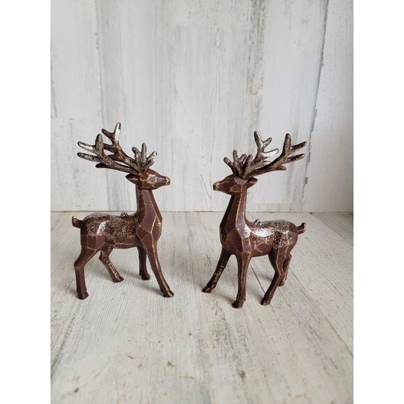 Vintage rustic glitter reindeer ornament Xmas set brown - Picture 1 of 6